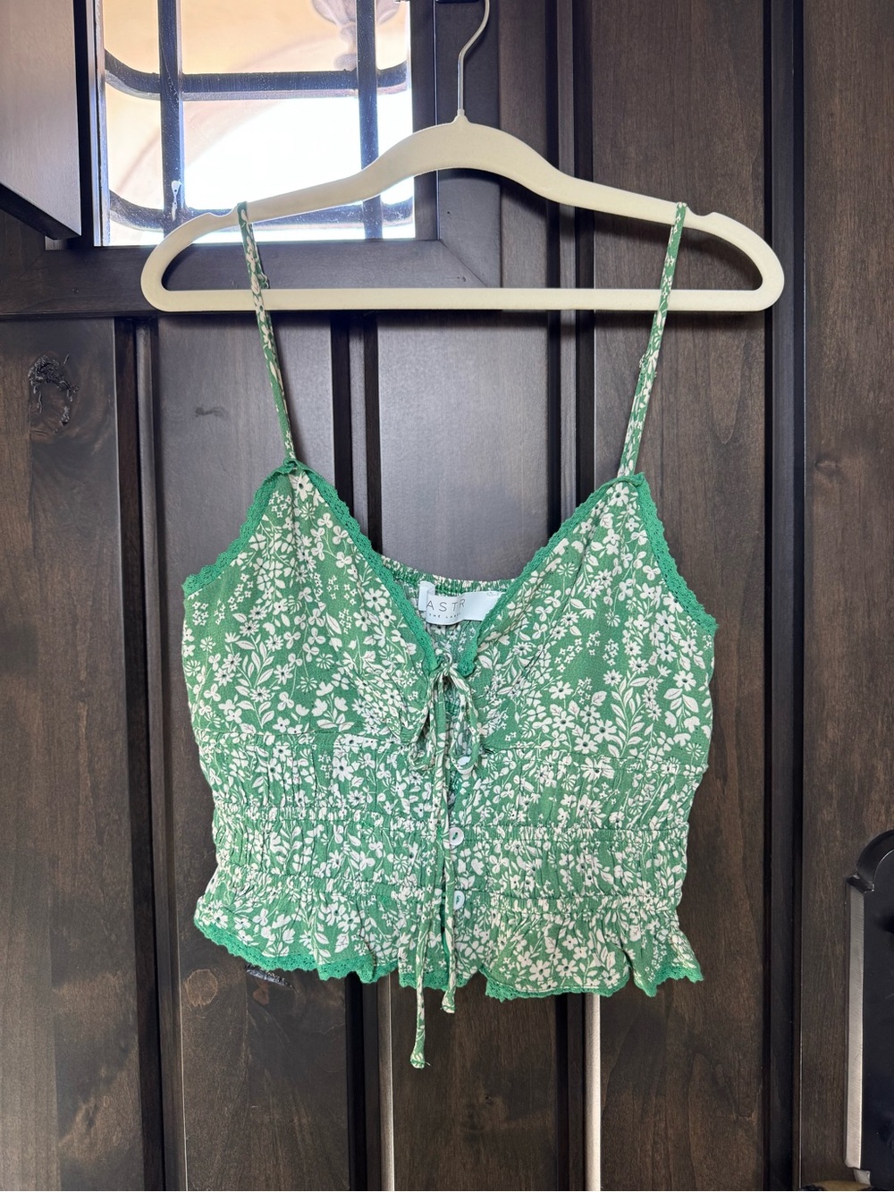 Astr Green Floral Smocked Cami with Tie Front